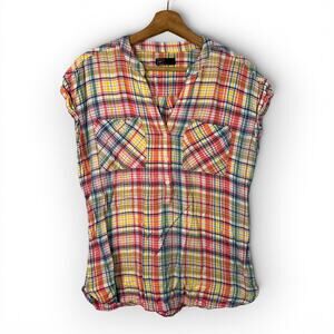 Gap Womens Medium Drapey Popover Pink Plaid Sleeveless Button Henley Blouse Top
